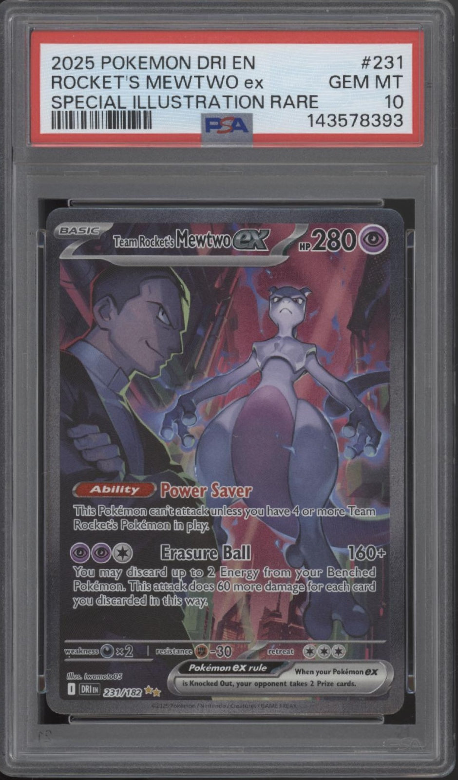 Rocket's Mewtwo ex Pokemon Destined Rivals Special Illustration Rare #231 PSA 10 Rocket's Mewtwo ex Pokemon Destined Rivals Special Illustration Rare #231 PSA 10
