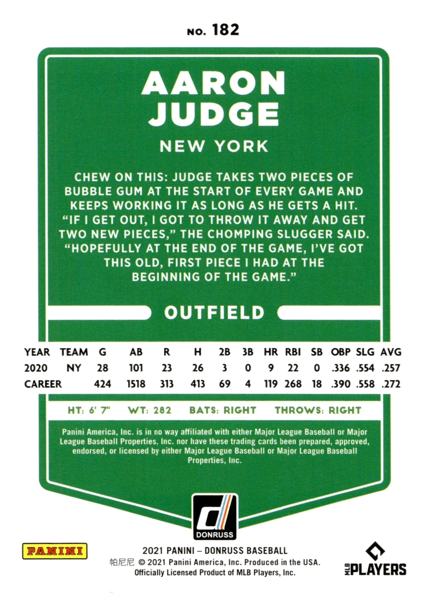 Aaron Judge 2021 Panini Donruss Red Foil #182 - Collector Store LLC