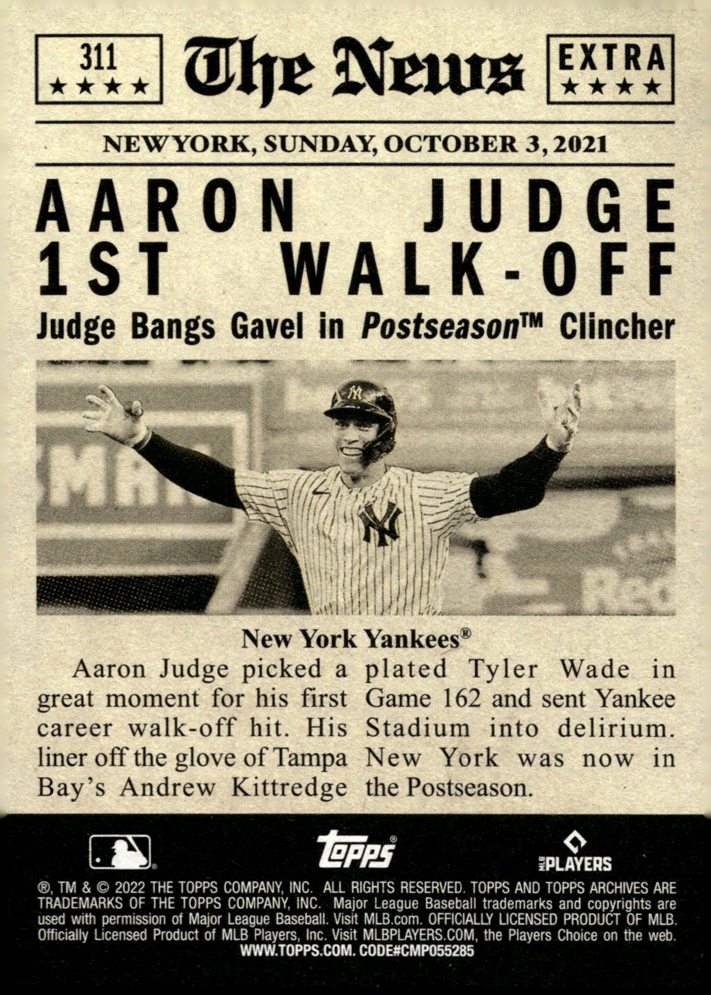 Aaron Judge 2022 Topps Archives First Career Walk - Off #311 - Collector Store LLC