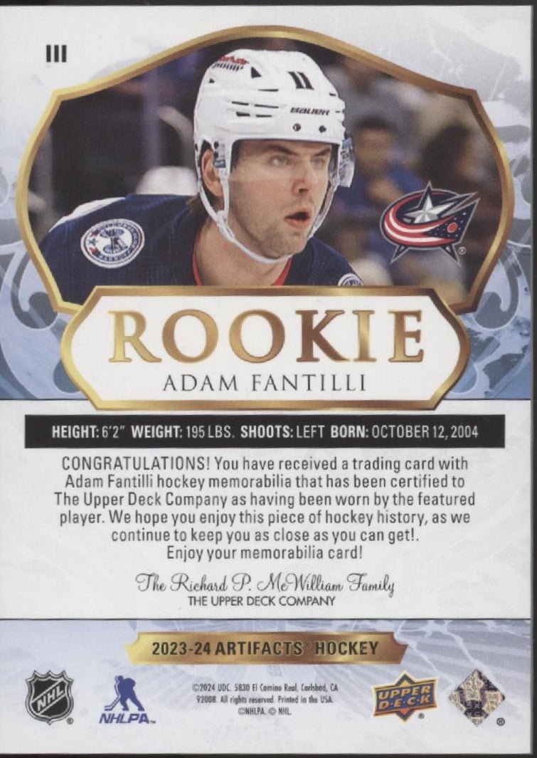 Adam Fantilli 2023 - 24 Upper Deck Artifacts Green Swatches RC 23/99 #111 - Collector Store LLC