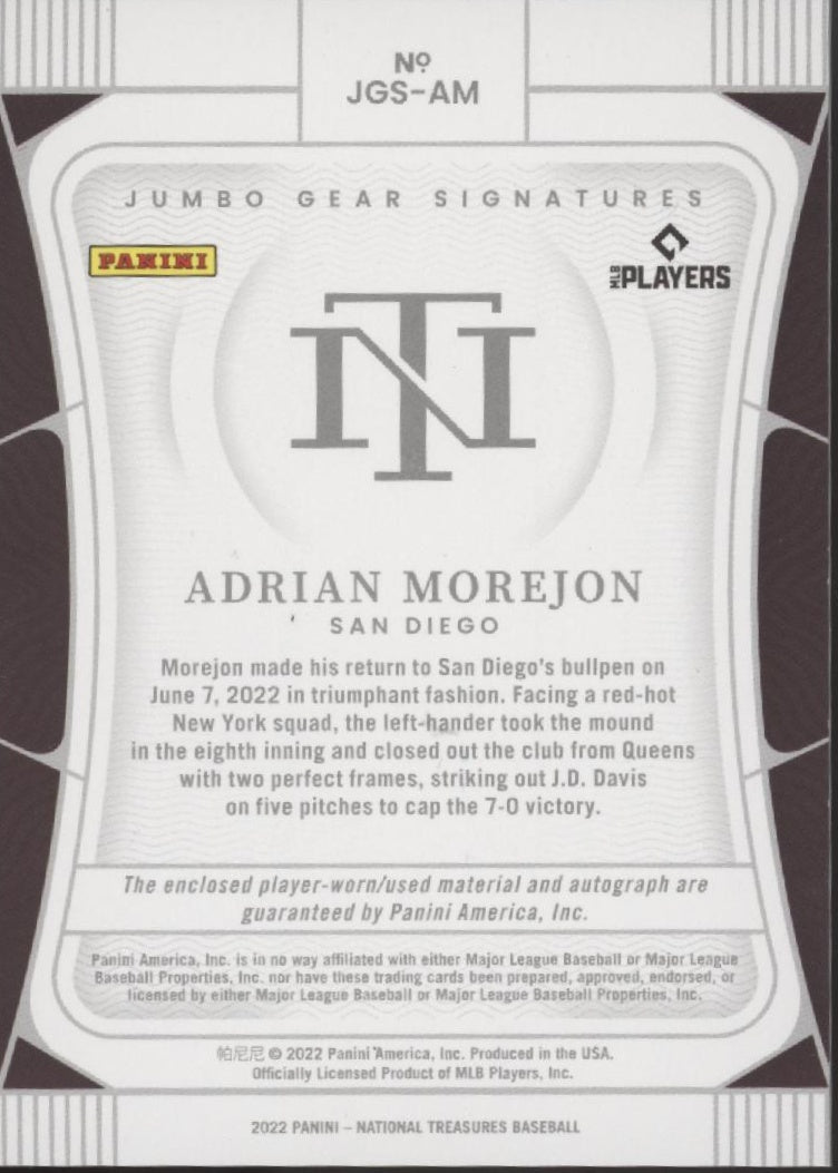 Adrian Morejon 2022 Panini National Treasures Auto 07/64 #JGS - AM - Collector Store LLC