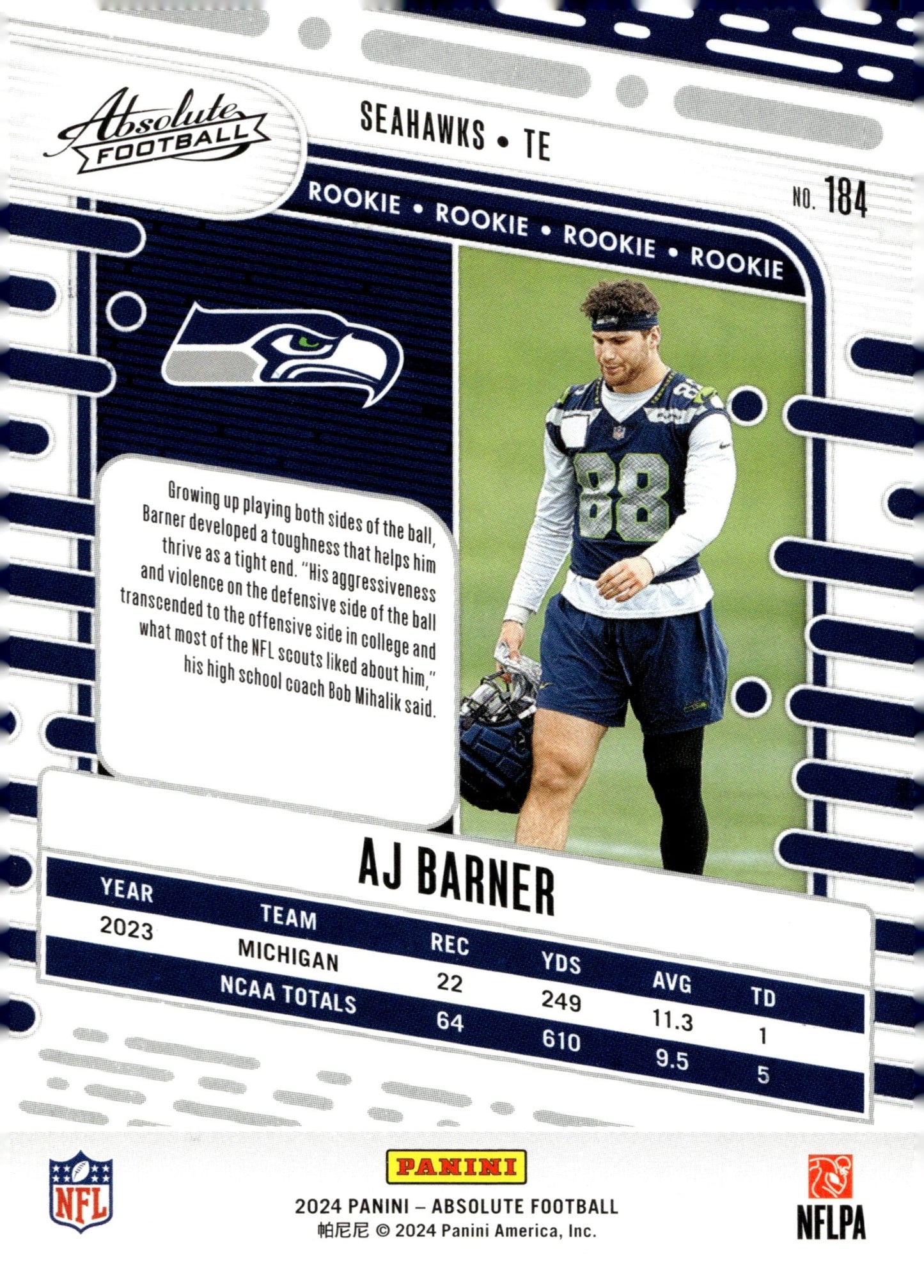 AJ Barner 2024 Panini Absolute RC #184 - Collector Store LLC
