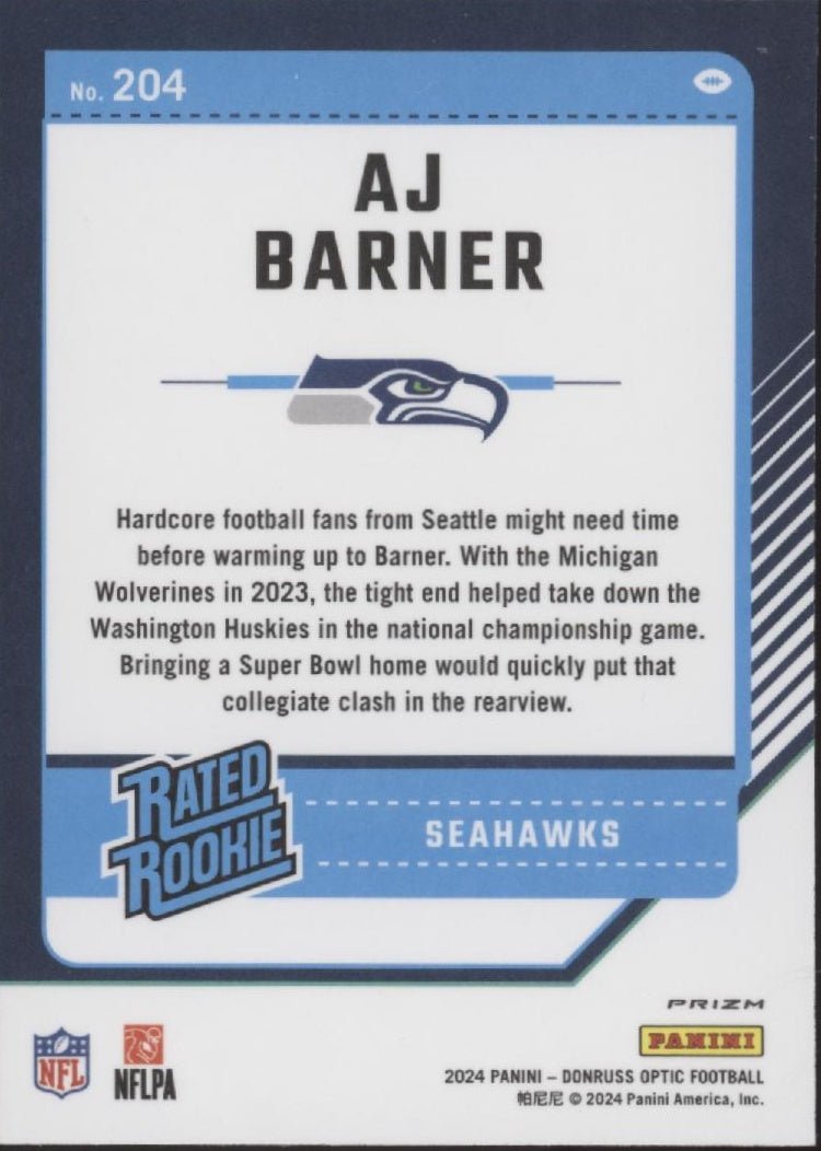 AJ Barner 2024 Panini Donruss Optic Rated Rookie Green Lazer Prizm RC #204 - Collector Store LLC