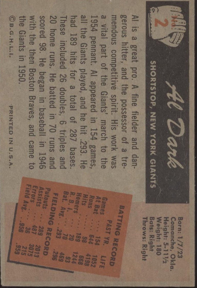 Al Dark 1955 Bowman #2 New York Giants EX - Collector Store LLC