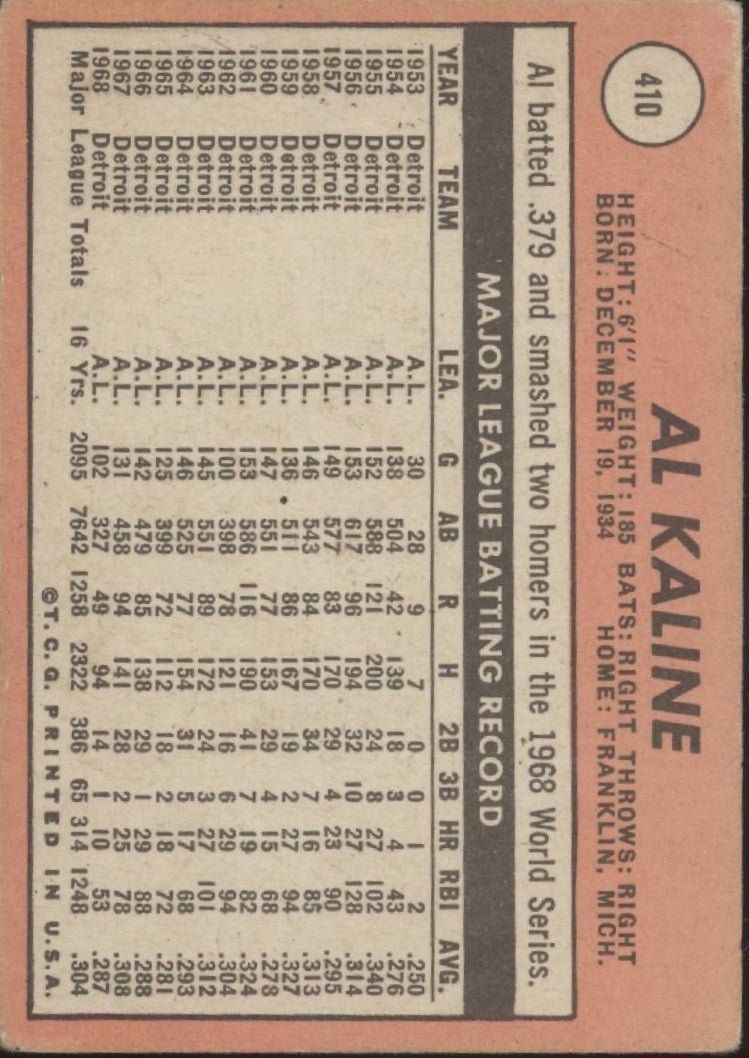 Al Kaline 1969 Topps #410 Detroit Tigers GD - Collector Store LLC