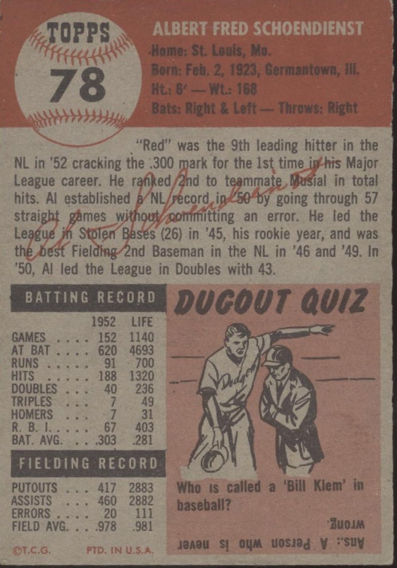 Al Schoendienst 1953 Topps #78 St. Louis Cardinals VG - Collector Store LLC