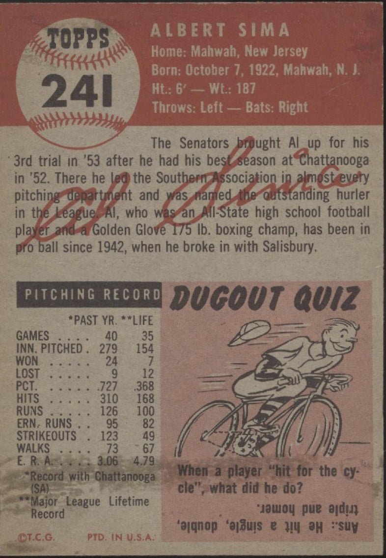 Al Sima 1953 Topps #241 Washington Senators VG - Collector Store LLC