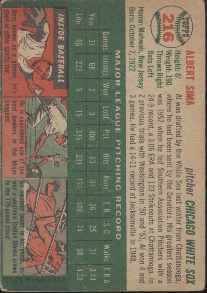 Al Sima 1954 Topps #216 Chicago White Sox VG - Collector Store LLC