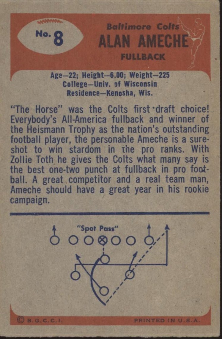 Alan Ameche 1955 Bowman RC #8 Baltimore Colts VG - EX - Collector Store LLC