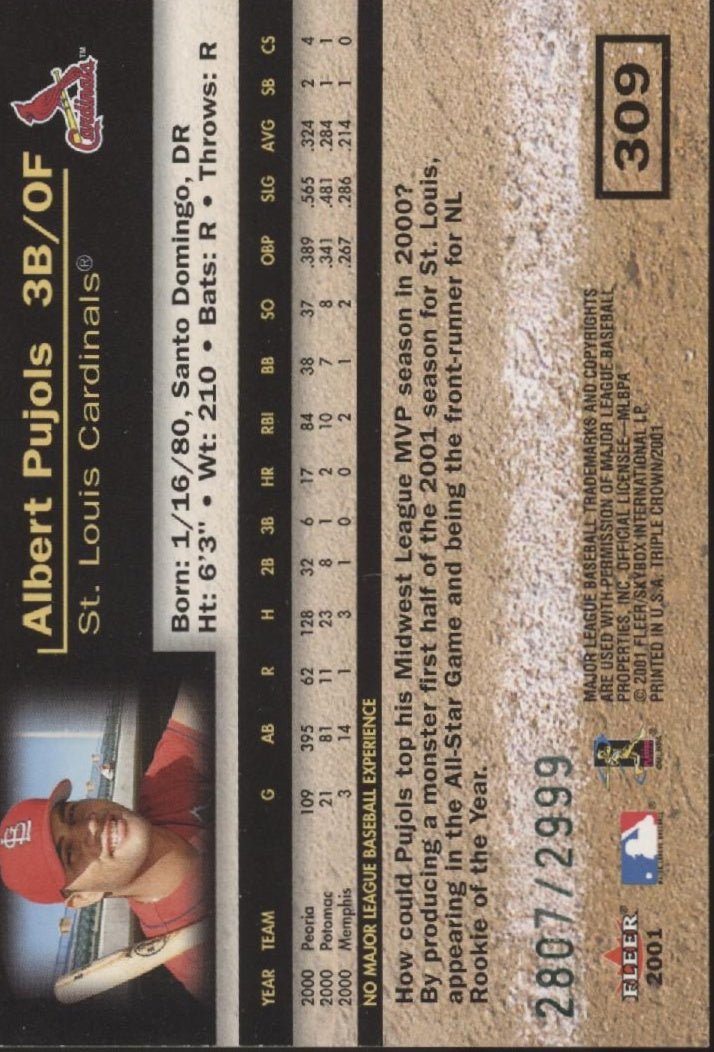 Albert Pujols 2001 Fleer Triple Crown Prospects 2807/2999 #309 - Collector Store LLC