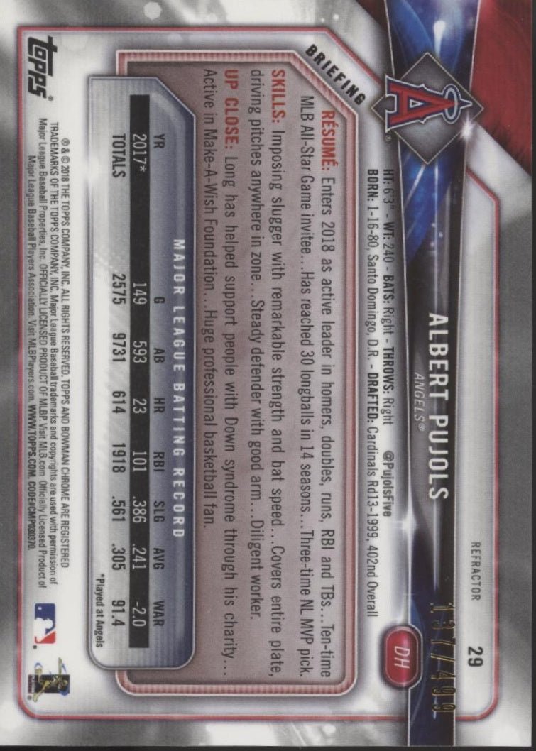 Albert Pujols 2018 Bowman Chrome Refractor 137/499 #29 - Collector Store LLC