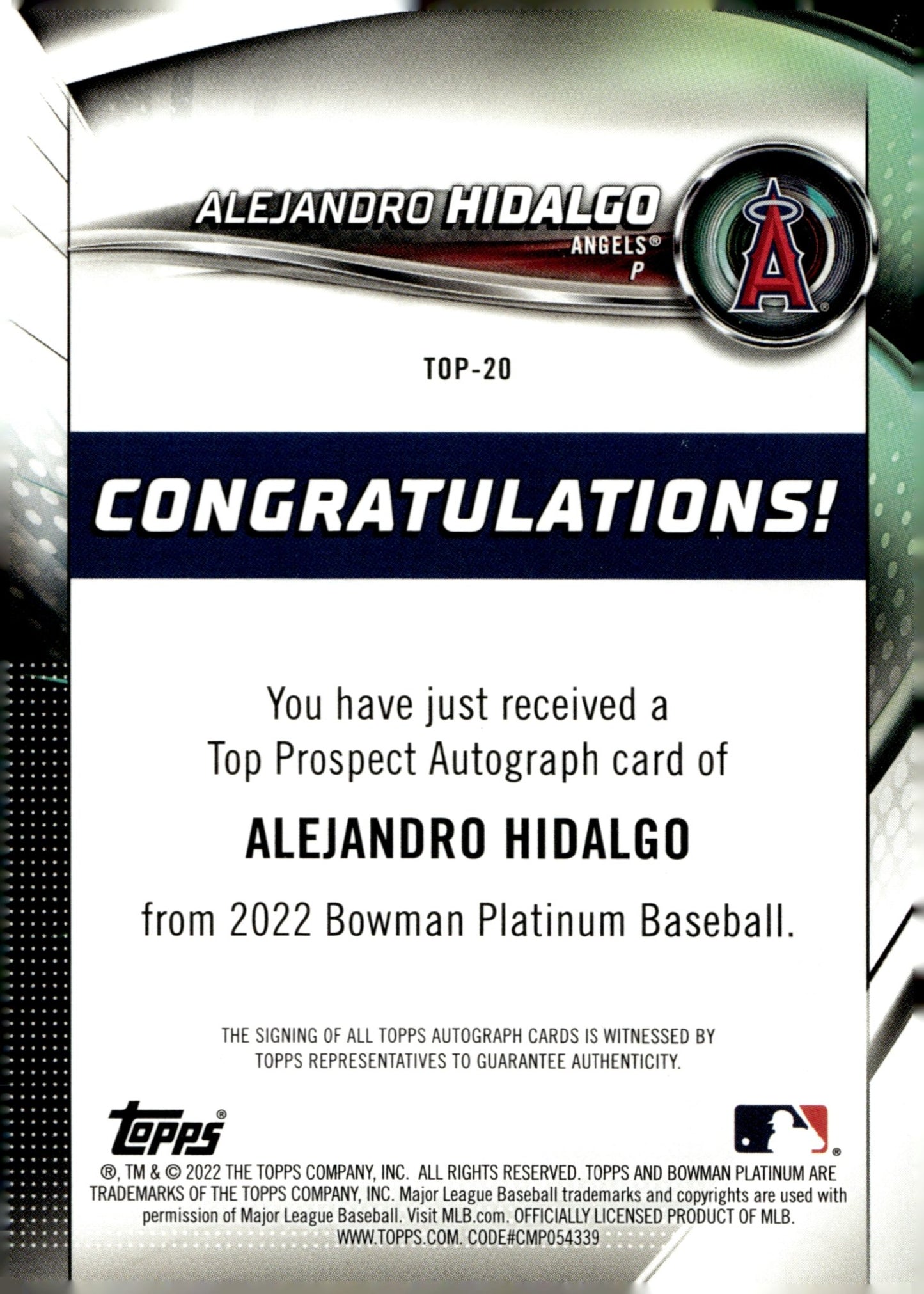Alejandro Hidalgo 2022 Bowman Platinum Auto 48/50 #TOP - 20 - Collector Store LLC