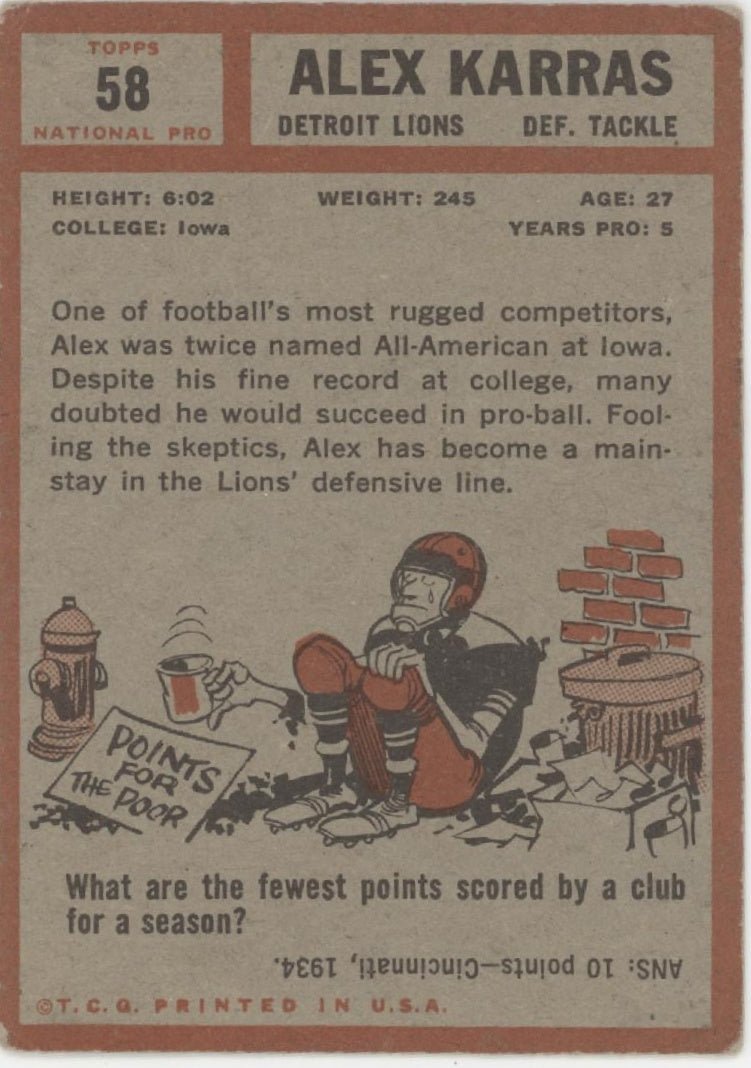 Alex Karras 1962 Topps #58 Detroit Lions VG #2 - Collector Store LLC