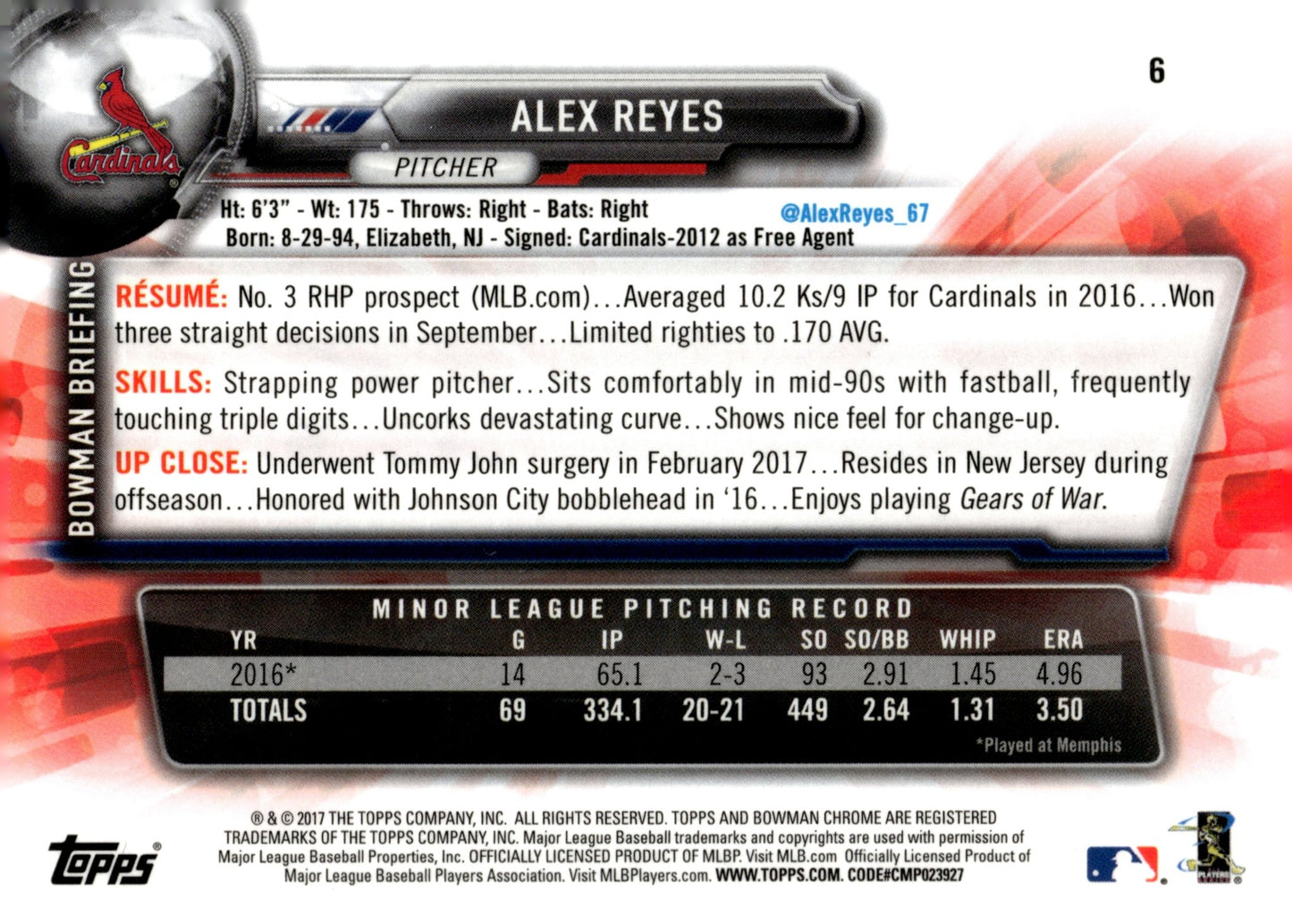 Alex Reyes 2017 Bowman Chrome RC #6 - Collector Store LLC
