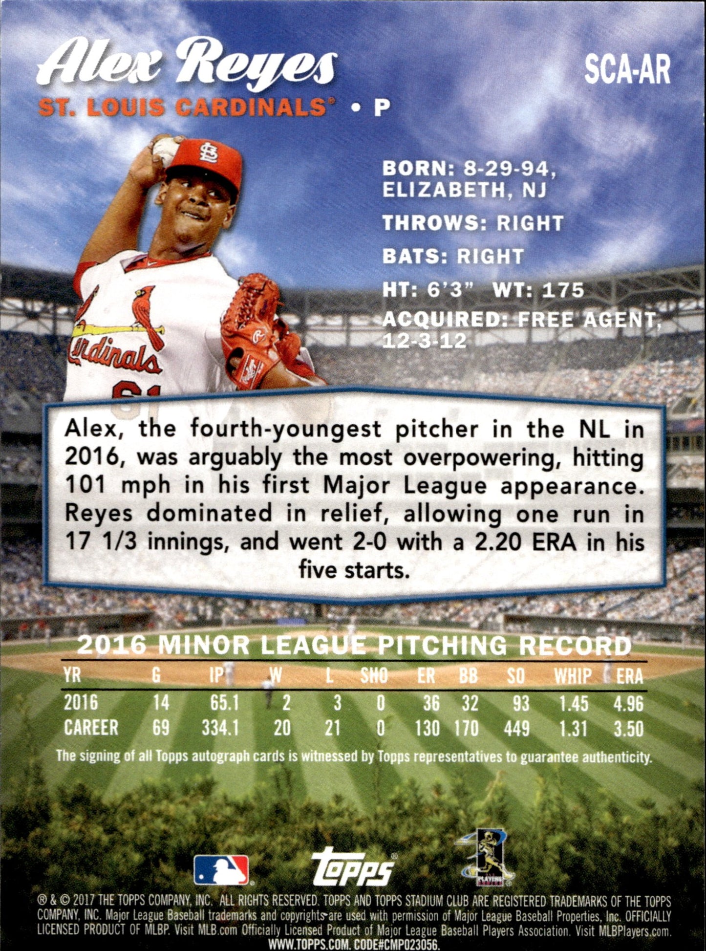 Alex Reyes 2017 Topps Stadium Club RC Auto #SCA - AR - Collector Store LLC