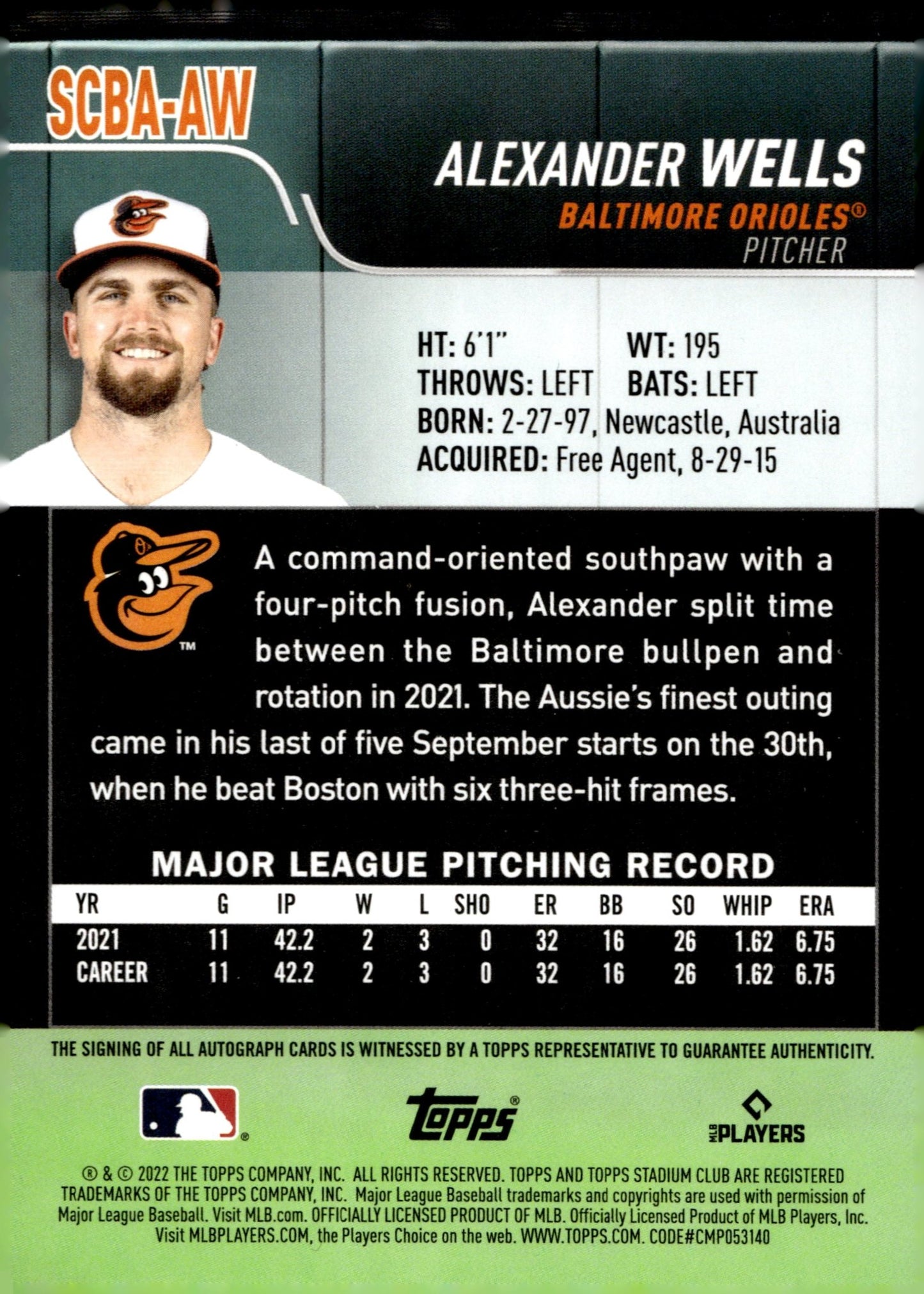 Alexander Wells 2022 Topps Stadium Club RC Auto #SCBA - AW - Collector Store LLC