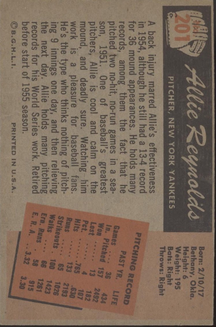 Allie Reynolds 1955 Bowman #201 New York Yankees VG - Collector Store LLC