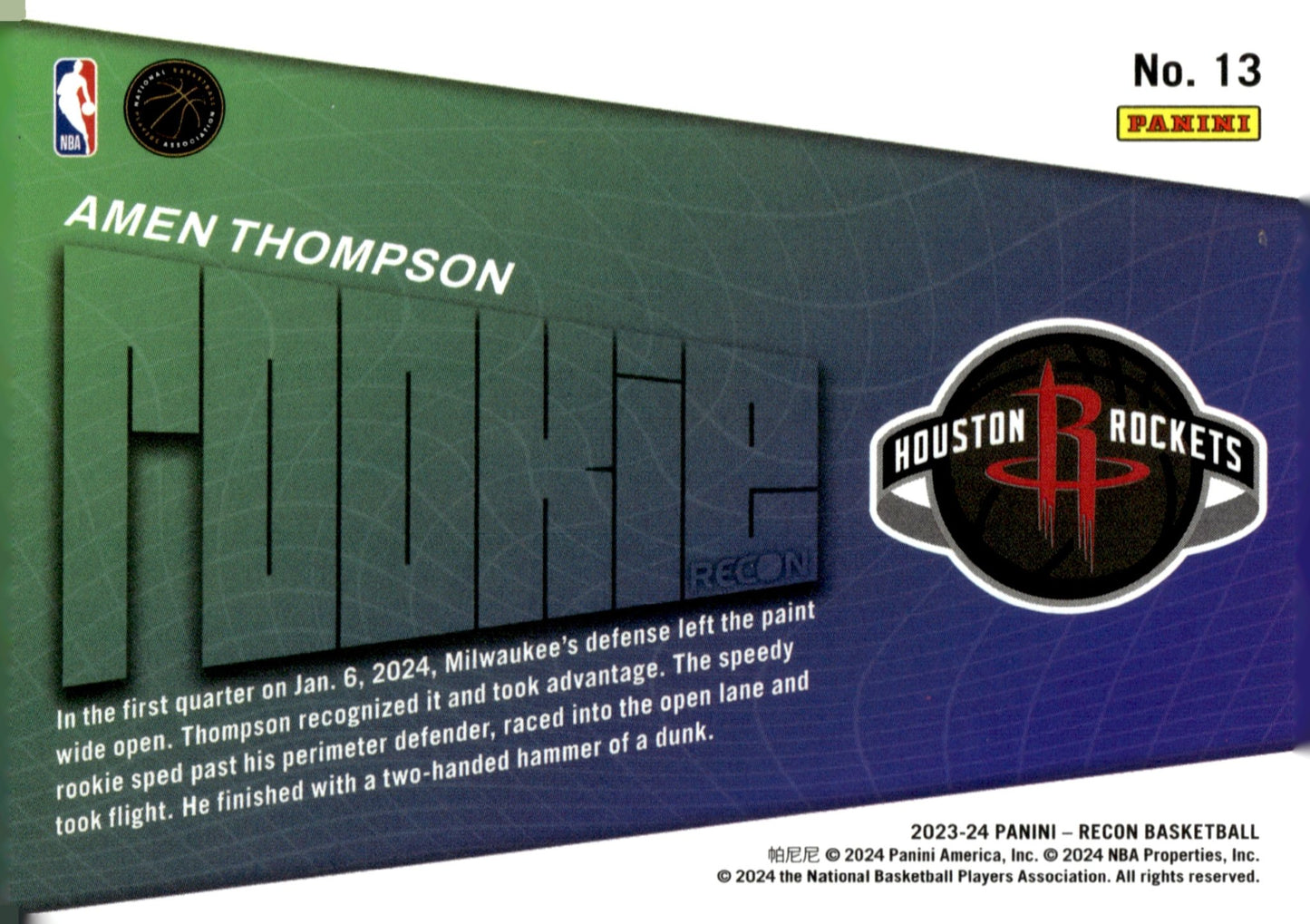 Amen Thompson 2023 - 24 Panini Recon Purple RC 70/75 #13 - Collector Store LLC