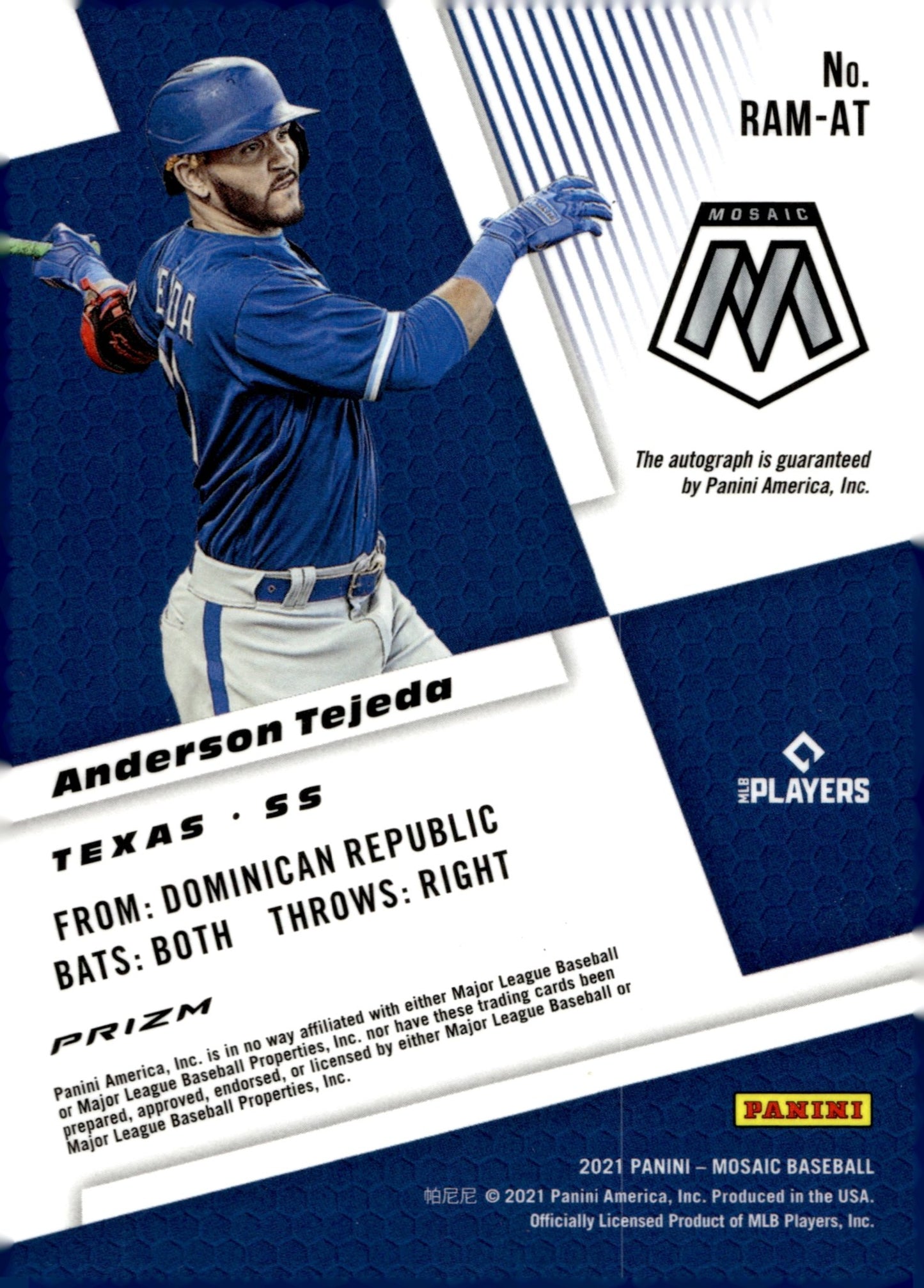 Anderson Tejeda 2021 Panini Mosaic Prizm RC Auto #RAM - AT - Collector Store LLC