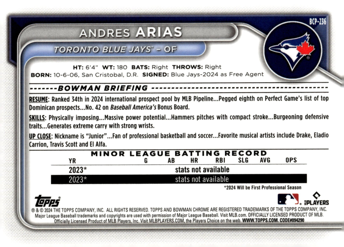 Andres Arias 2024 Bowman Chrome Mojo Refractor #BCP - 236 #3 - Collector Store LLC