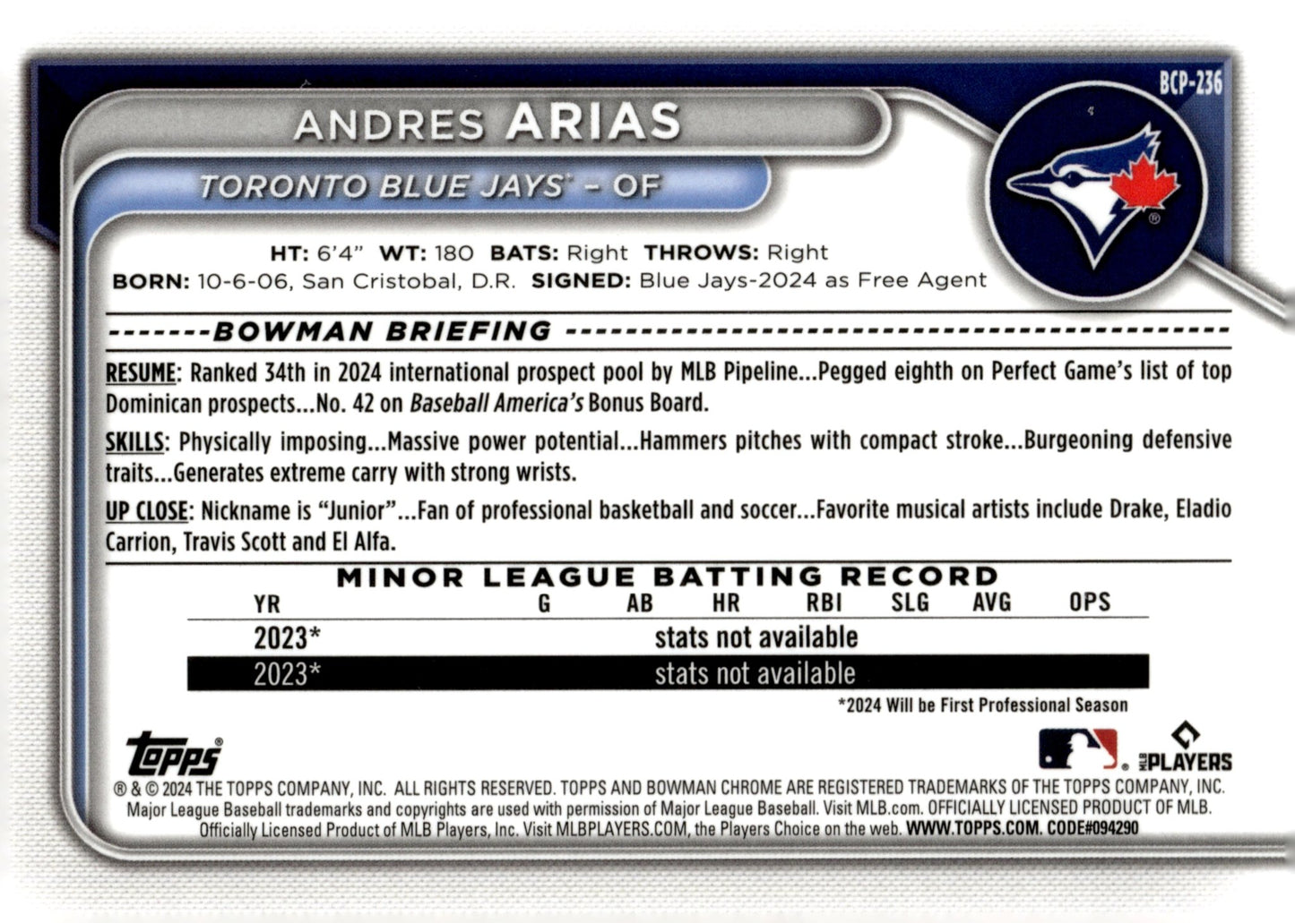Andres Arias 2024 Bowman Chrome Mojo Refractor #BCP - 236 - Collector Store LLC