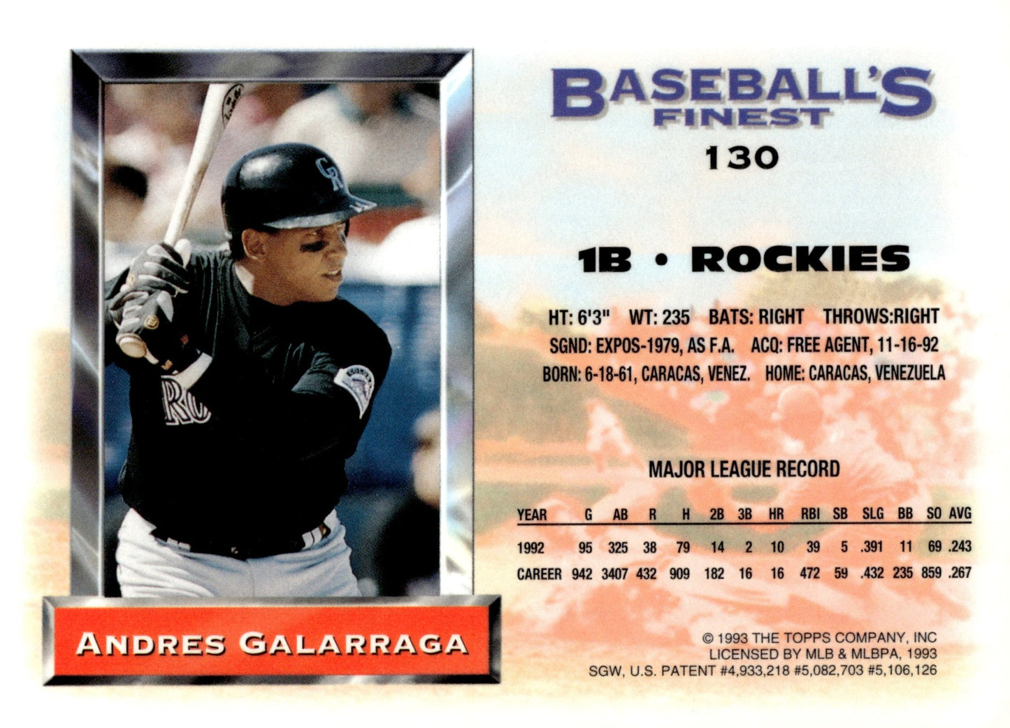 Andres Galarraga 1993 Topps Baseball's Finest #130 - Collector Store LLC