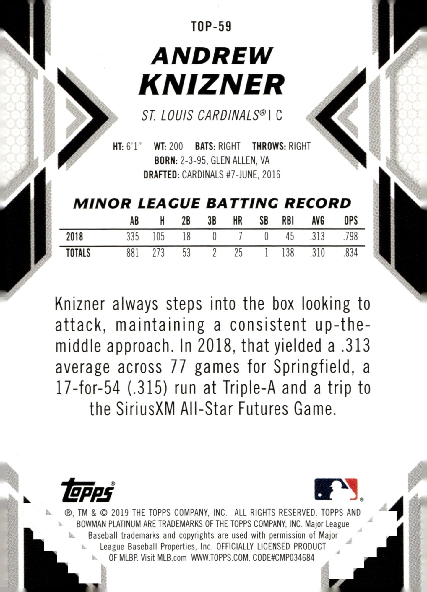Andrew Knizner 2019 Bowman Platinum Gold 32/50 #TOP - 59 - Collector Store LLC
