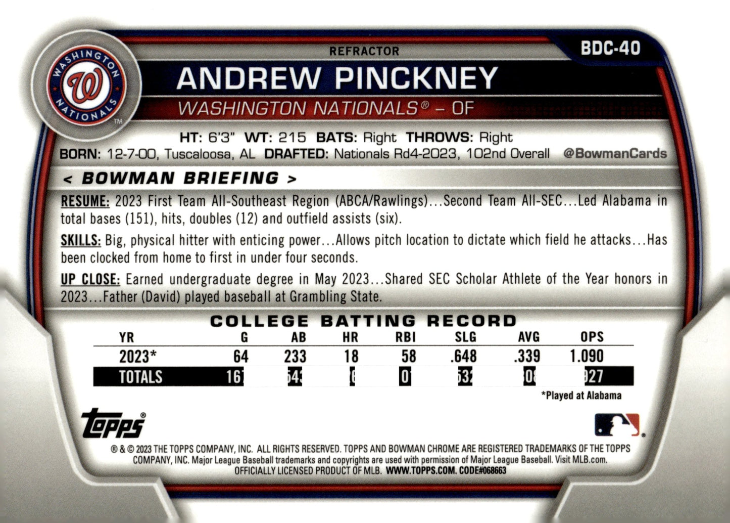 Andrew Pinckney 2023 Bowman Chrome Refractor #BDC - 40 - Collector Store LLC