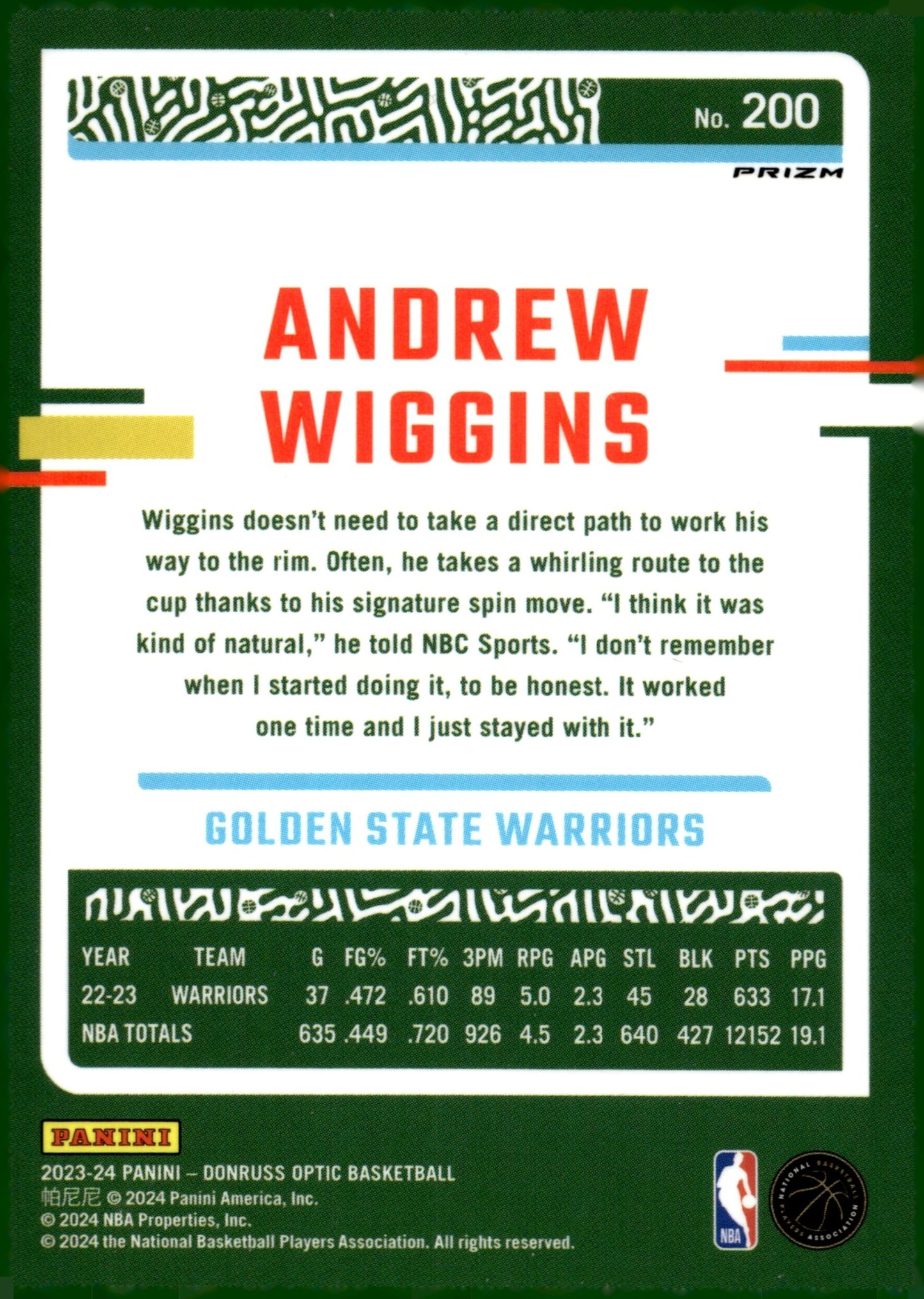 Andrew Wiggins 2023 - 24 Panini Donruss Optic Pink Prism Prizm #200 - Collector Store LLC