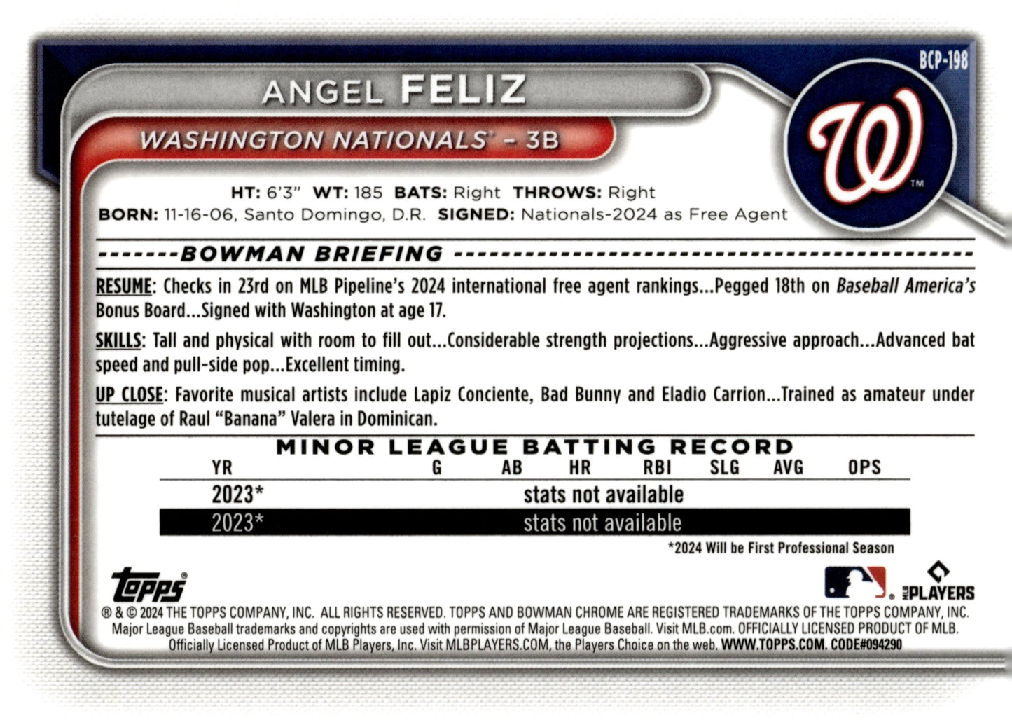 Angel Feliz 2024 Bowman Chrome Mojo Refractor #BCP - 198 - Collector Store LLC