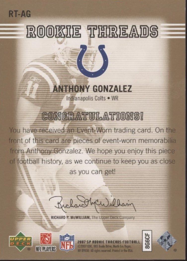 Anthony Gonzalez 2007 Upper Deck SP Rookie Threads Swatch 038/150 #RT - AG - Collector Store LLC
