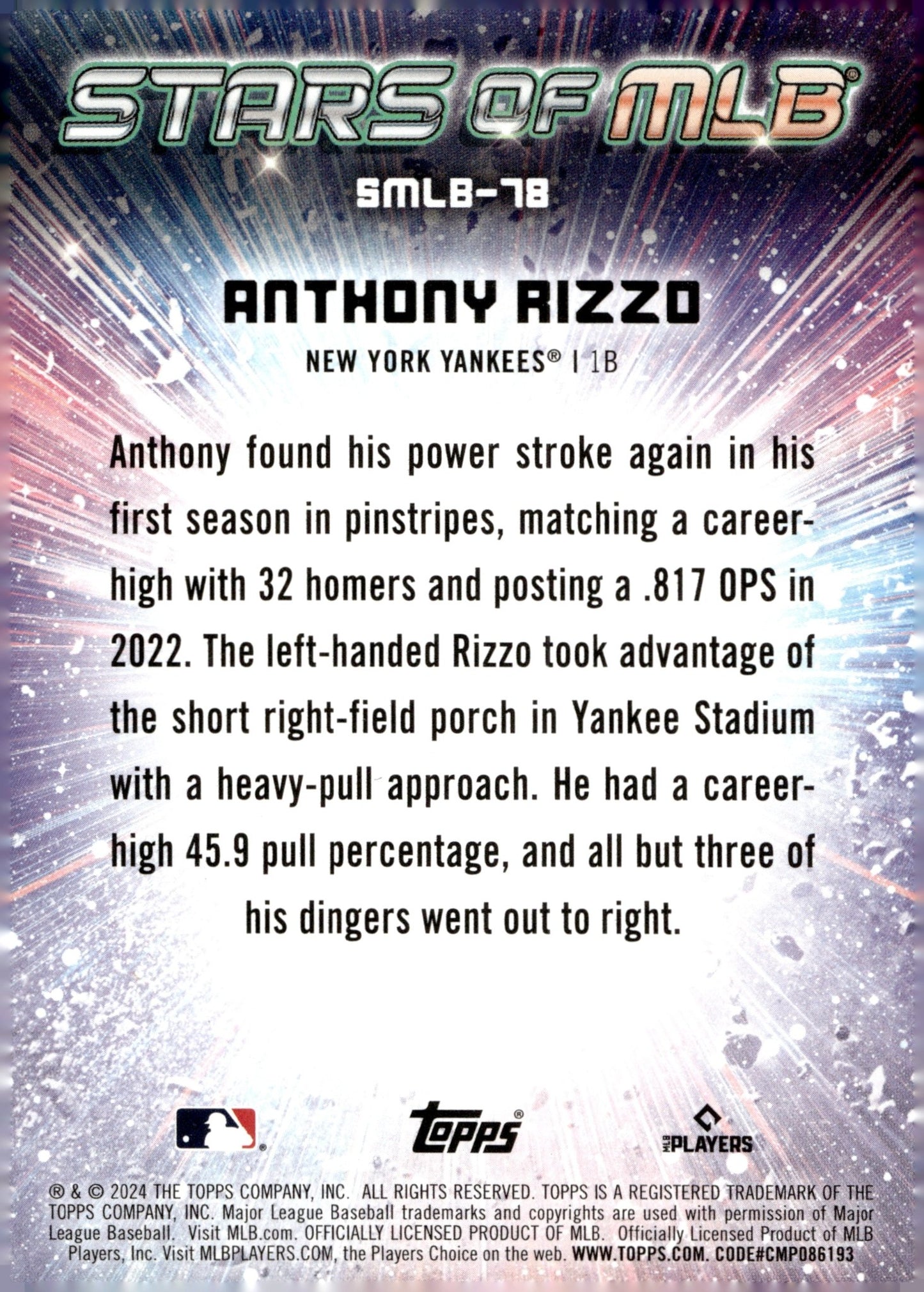 Anthony Rizzo 2024 Topps Update Series Stars of the MLB #SMLB - 78 - Collector Store LLC