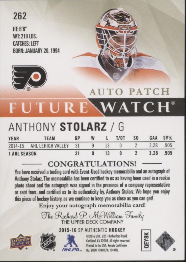 Anthony Stolarz 2015 - 16 UD SP Authentic Future Swatch Limited Swatch Auto 5/100 - Collector Store LLC