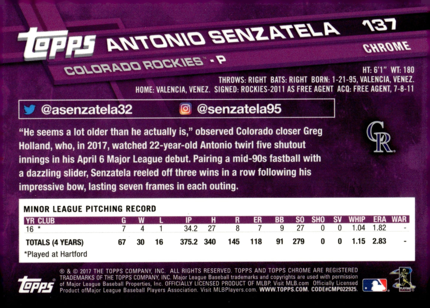 Antonio Senzatela 2017 Topps Chrome Hyper Refractor RC #137 - Collector Store LLC