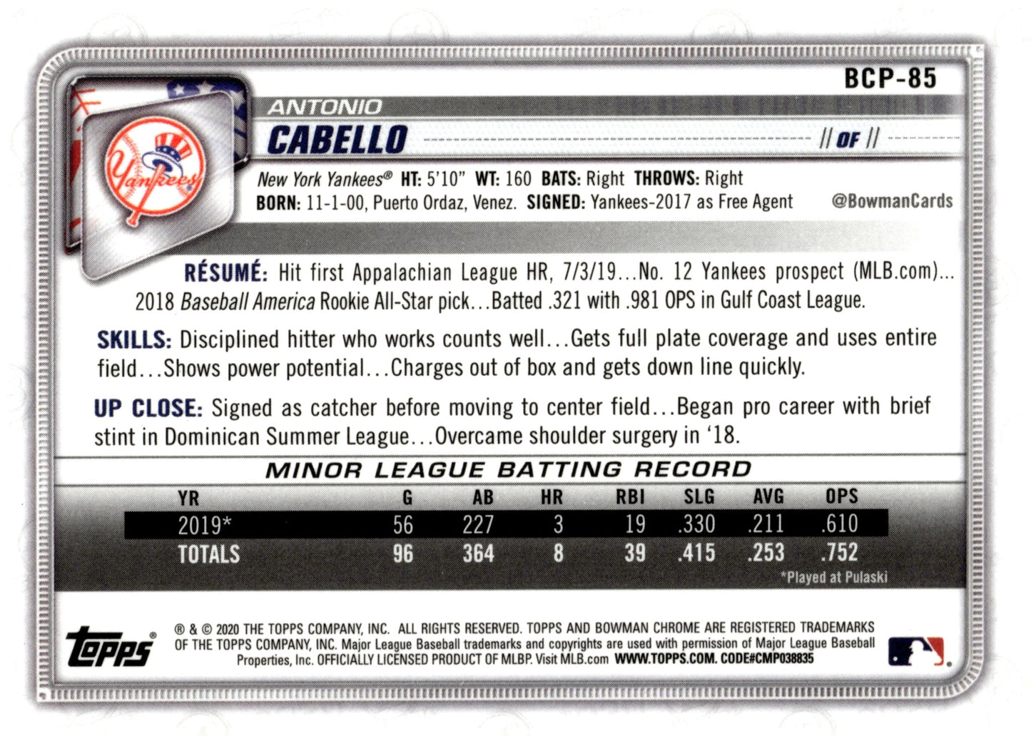 Antontio Cabello 2020 Bowman Chrome Mojo Refractor #BCP - 85 - Collector Store LLC