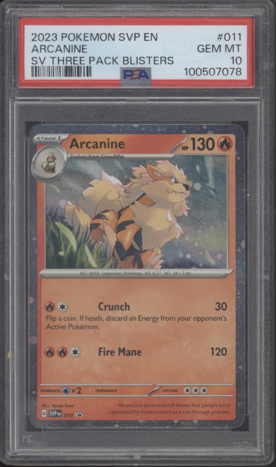 Arcanine Pokemon Scarlet & Violet Three Pack Blisters #011 PSA 10 Arcanine Pokemon Scarlet & Violet Three Pack Blisters #011 PSA 10