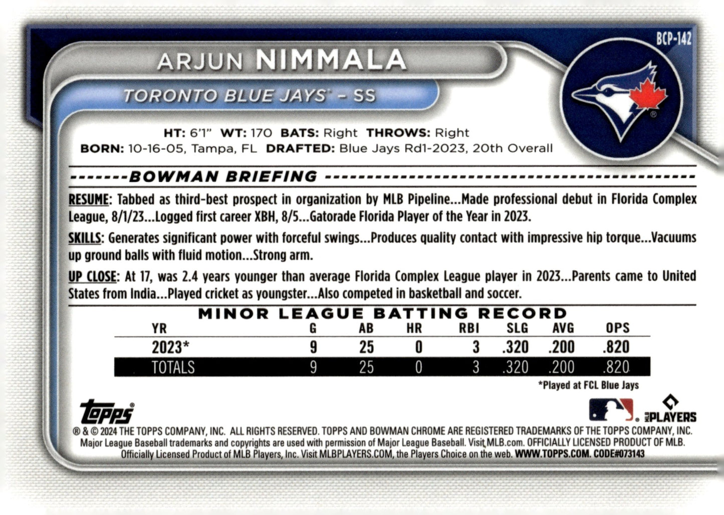 Arjun Nimmala 2024 Bowman Chrome Green Lunar Rock Refractor #BCP - 142 - Collector Store LLC
