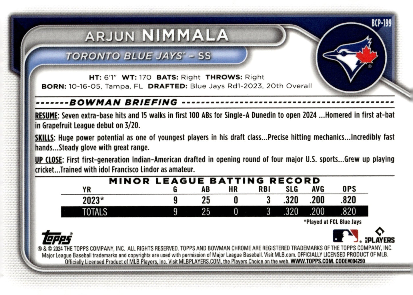 Arjun Nimmala 2024 Bowman Chrome Mojo Refractor #BCP - 199 - Collector Store LLC