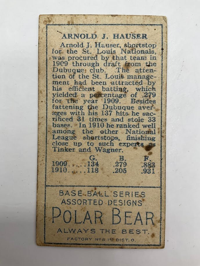 Arnold Hauser 1911 T205 Polar Bear #87 St. Louis Cardinals VG - Collector Store LLC