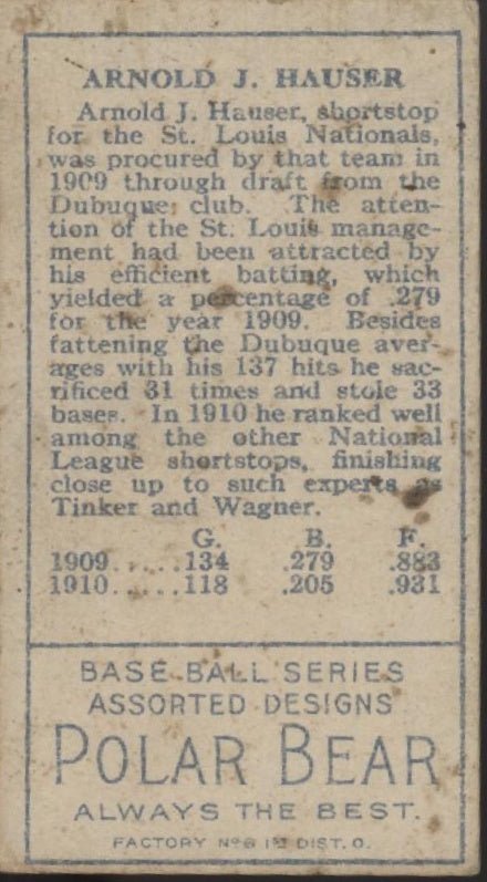 Arnold Hauser 1911 T205 Polar Bear #87 St. Louis Cardinals VG - Collector Store LLC