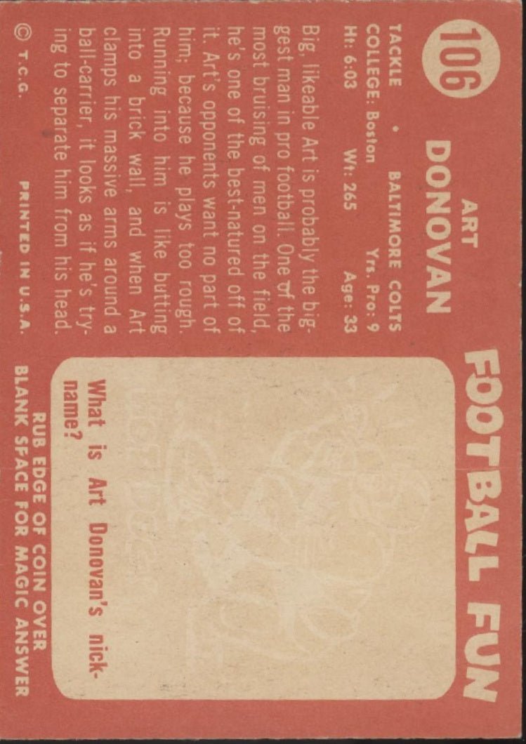 Art Donovan 1958 Topps #106 Baltimore Colts VG - EX - Collector Store LLC