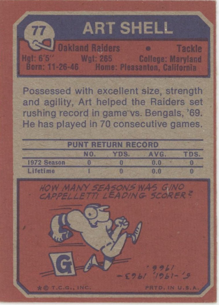 Art Shell 1973 Topps RC #77 Oakland Raiders EX #1 - Collector Store LLC