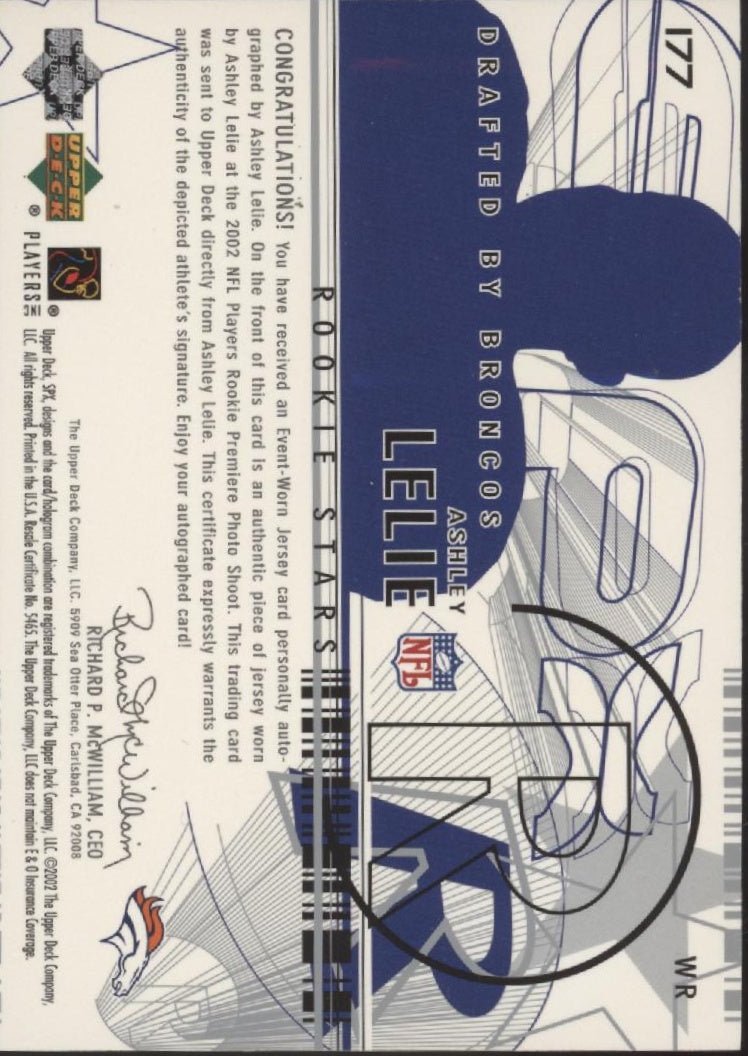Ashley Lelie 2002 Upper Deck SPX Swatch Auto #177 - Collector Store LLC