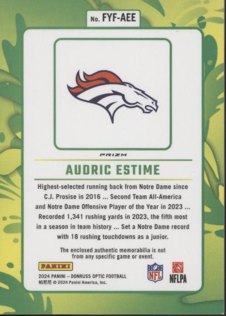 Audric Estime 2024 Panini Donruss Optic First Year Fresh Swatch Prizm RC #1 - Collector Store LLC