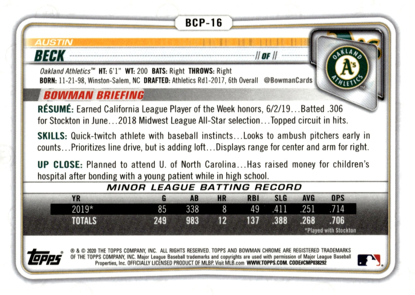 Austin Beck 2020 Bowman Chrome Blue Shimmer Refractor 146/150 #BCP - 16 - Collector Store LLC