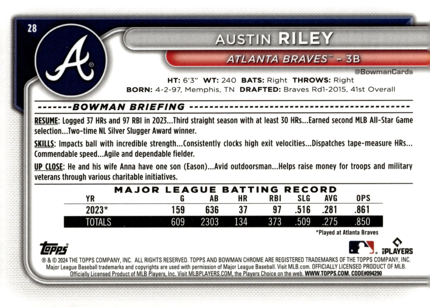 Austin Riley 2024 Bowman Chrome Mojo Refractor #28 #2 - Collector Store LLC
