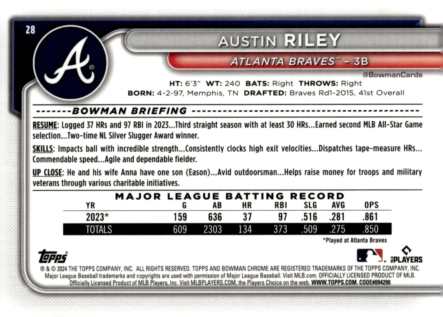 Austin Riley 2024 Bowman Chrome Mojo Refractor #28 - Collector Store LLC
