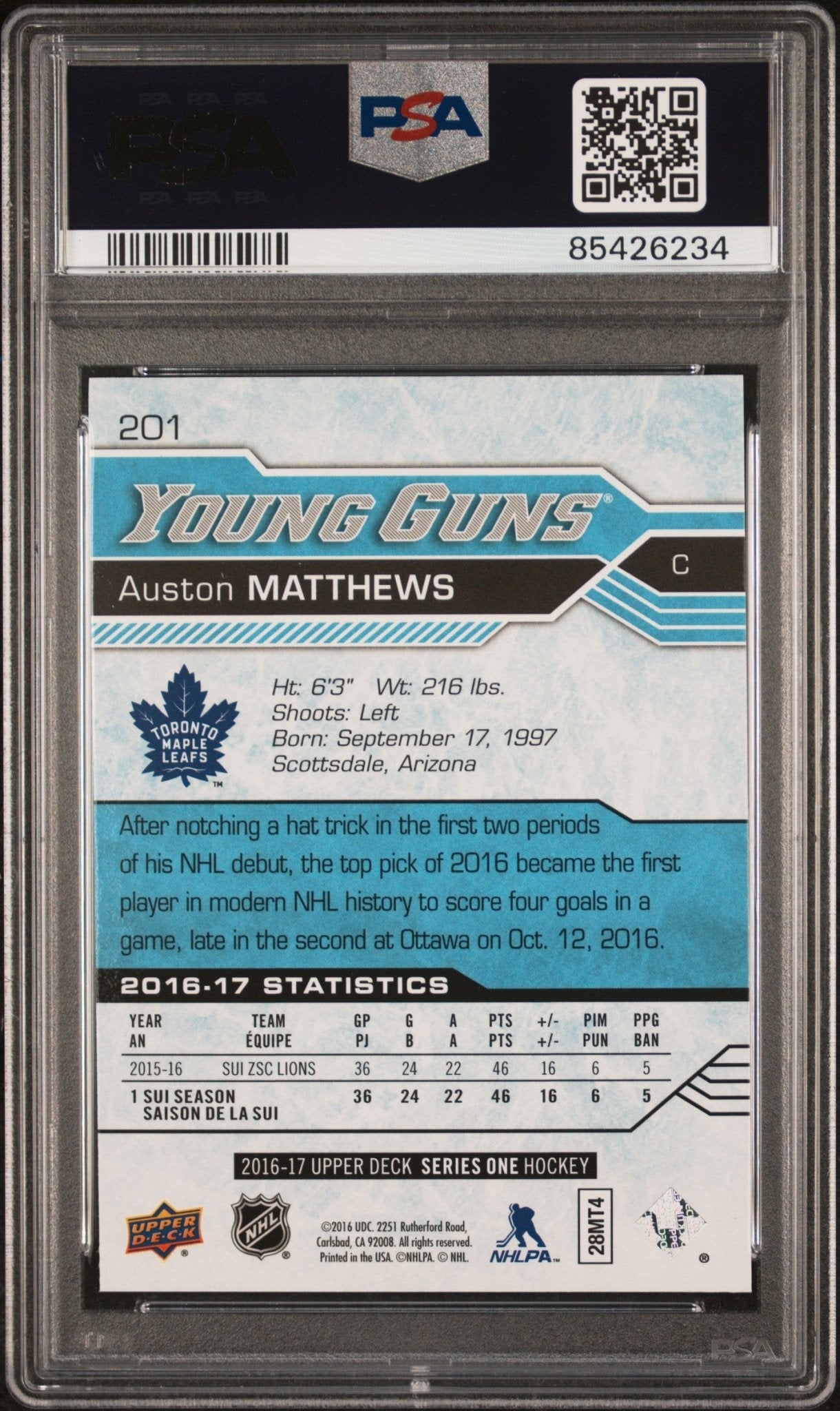 Auston Matthews 2016 - 17 Upper Deck Series 1 Young Guns RC #201 PSA 10 - Collector Store LLC