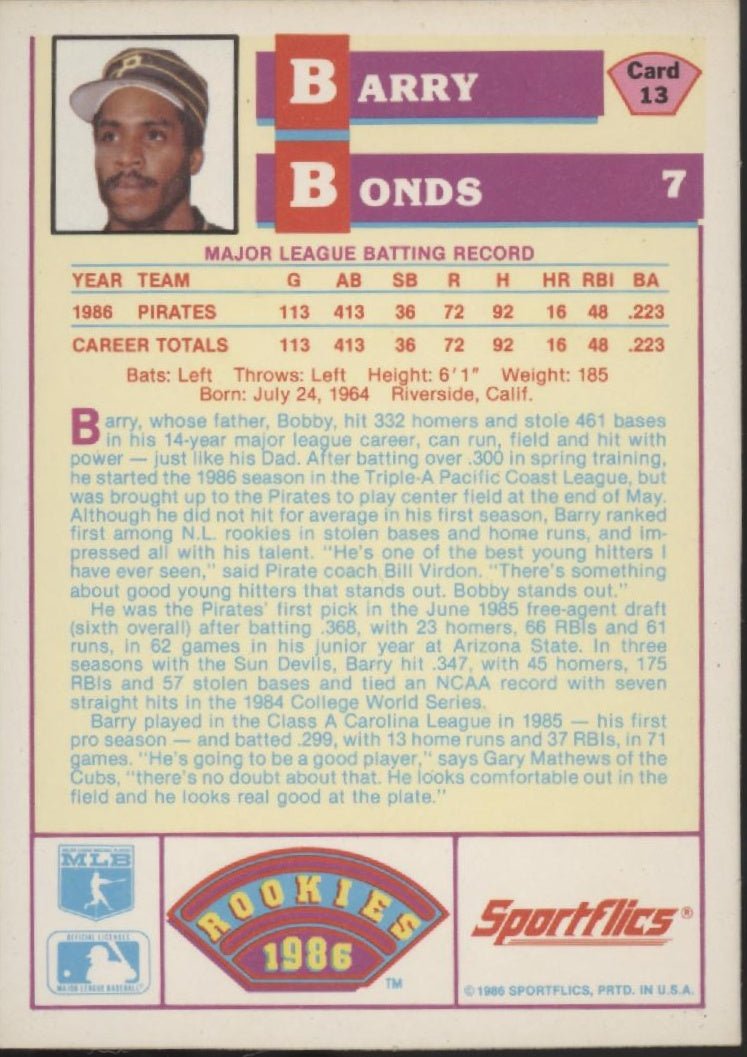 Barry Bonds 1986 Sportflics RC #13 - Collector Store LLC