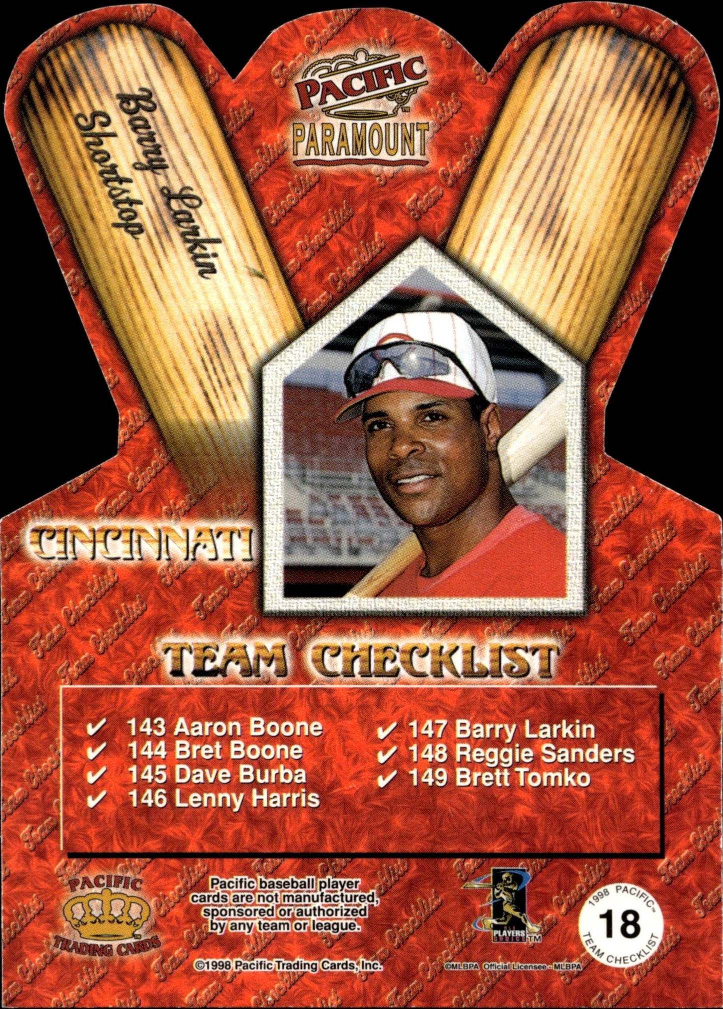Barry Larkin 1998 Pacific Paramount Team Checklist Die - Cut #18 - Collector Store LLC